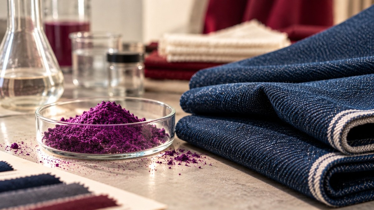 Purple potassium permanganate powder in a glass dish beside folded indigo denim and laboratory glassware