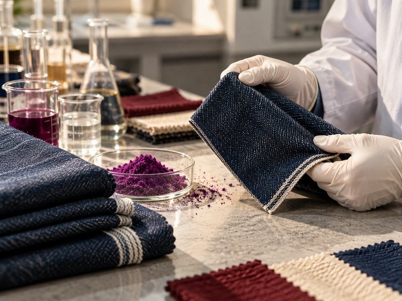 Technician in gloves inspecting a denim swatch in a textile chemistry laboratory